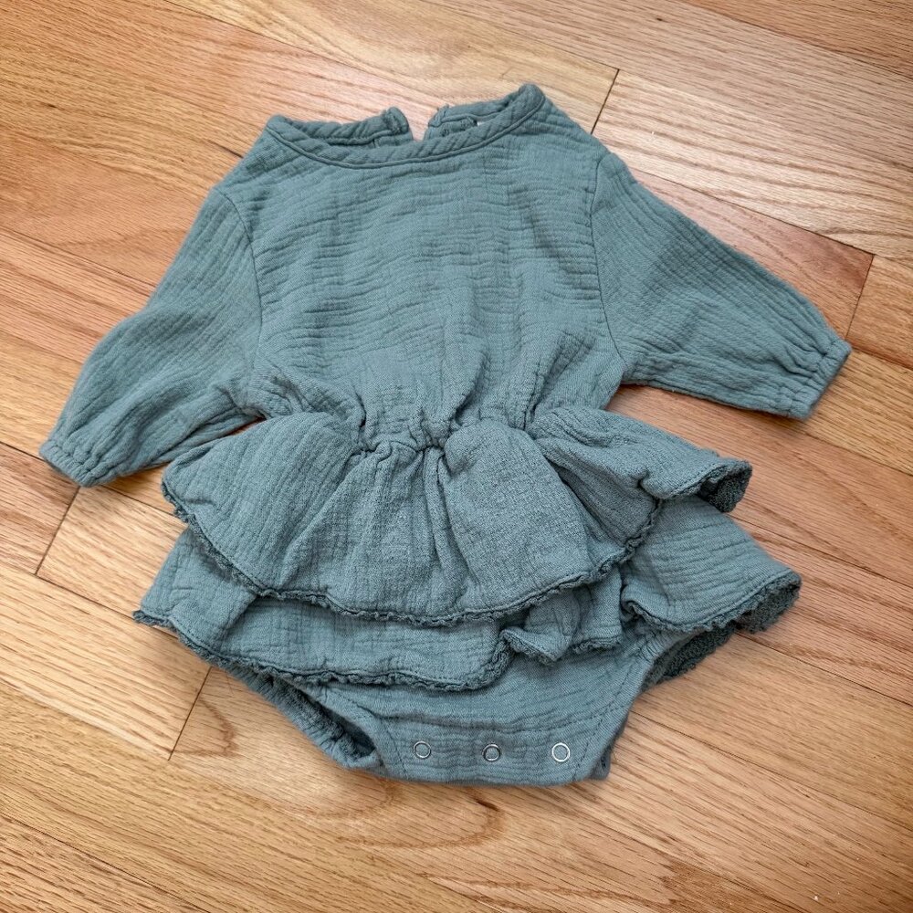 Quincy Mae Organic Rosie Romper Dress Bodysuit Basil Sage Green 6M